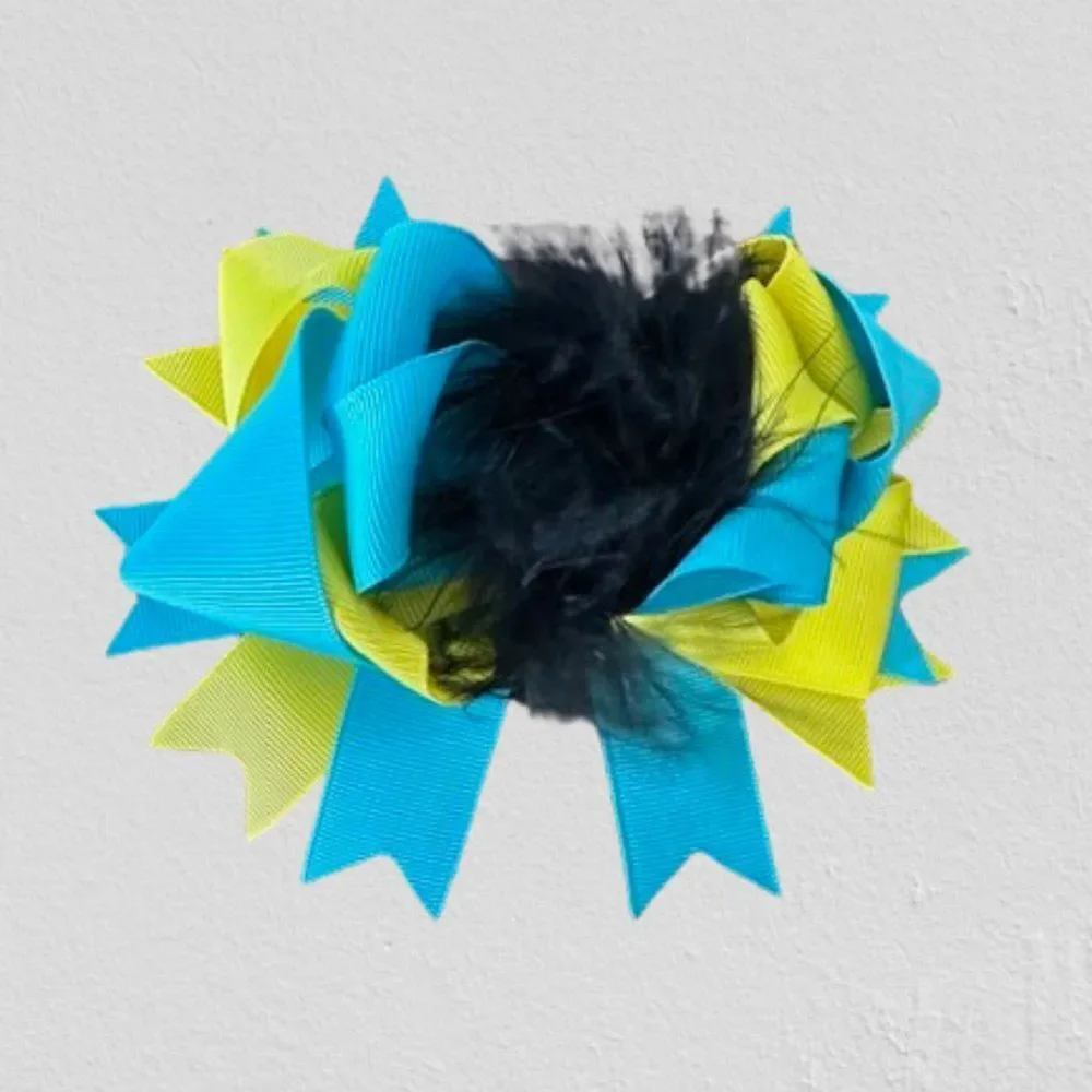 Aqua & Yellow Super Deluxe Bows w/ Feather Accents (2) 5B4542 Handmade Boutiqu